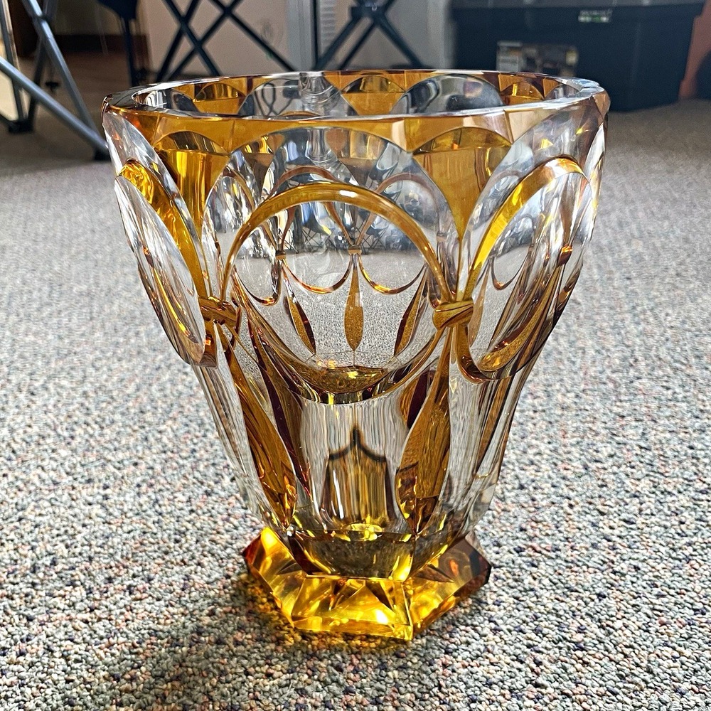 Vintage Bohemian Amber Cut to Clear Crystal Bowl, Yellow Footed Czech Glass, MCM